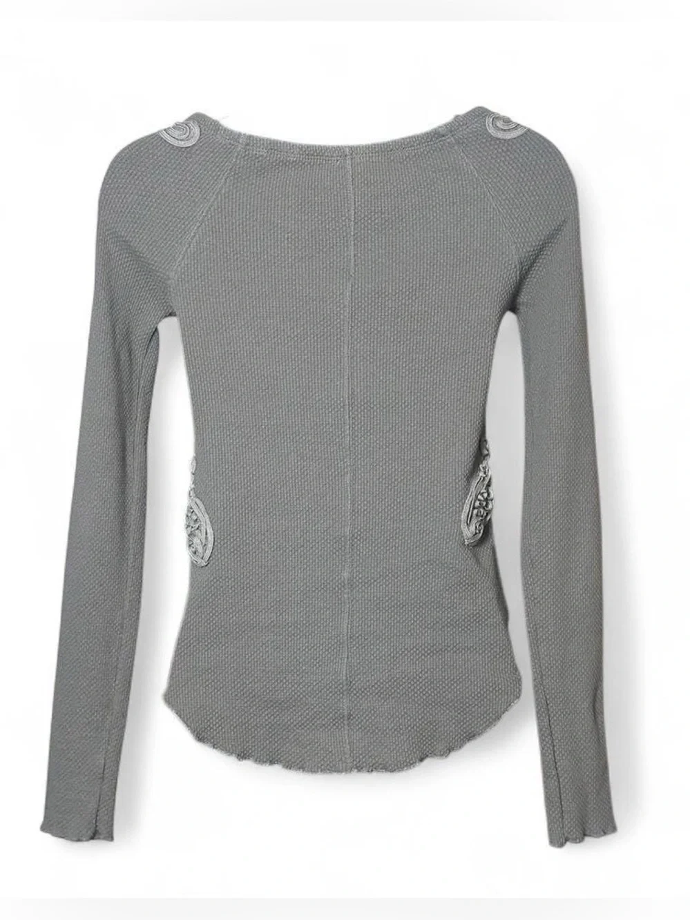 Free People Gray Lace & Ribbon Decorative Trimmed Waffle Knit Top‎